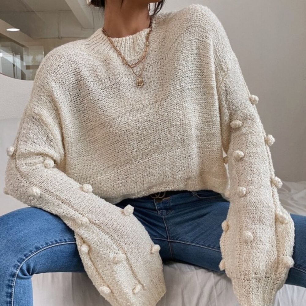 Cozy Cream Popcorn Pom Knit Oversized Sweater Top - Picture 4 of 4